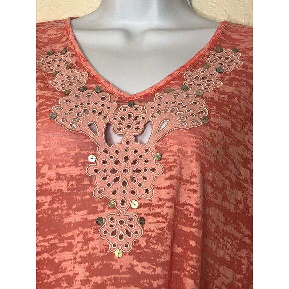 Ruby Rd. Semi Sheer Top Medium Pink Embroidered Neckline Abalone Sequins - Picture 3 of 5
